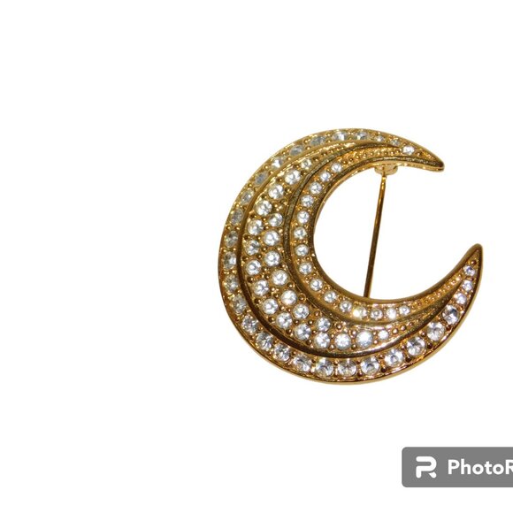 Joan Rivers Crescent Moon Gold Tone & Rhinestone Brooch Pin - Picture 7 of 8